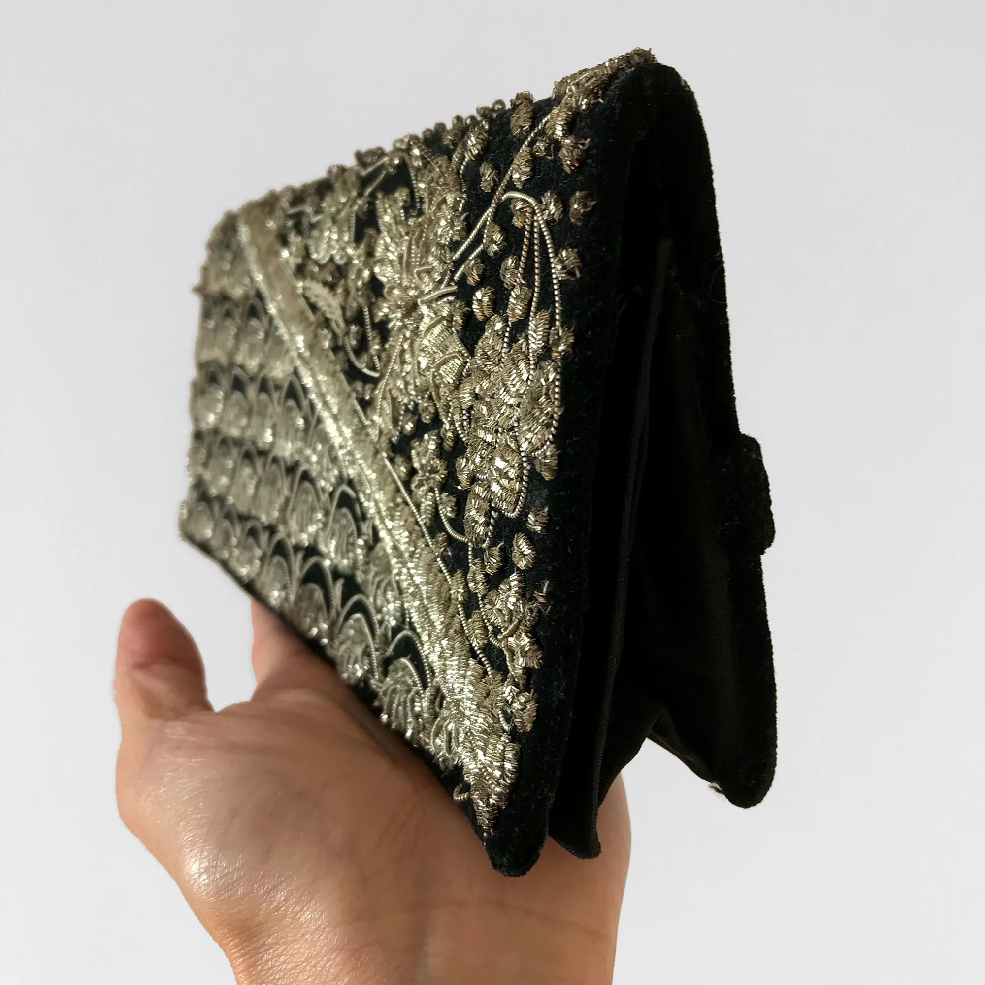 1960s Black Velvet Silk Encrusted Beaded Evening Clutch Purse