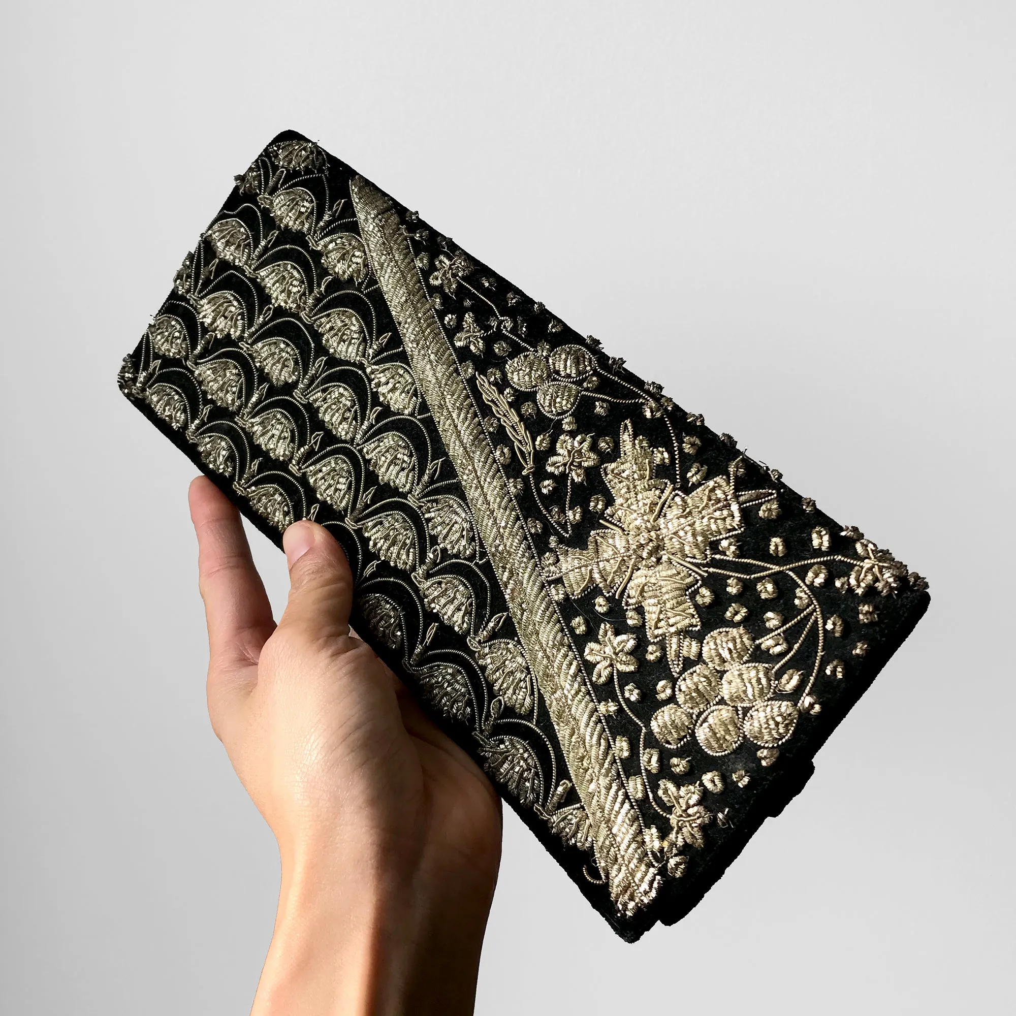 1960s Black Velvet Silk Encrusted Beaded Evening Clutch Purse