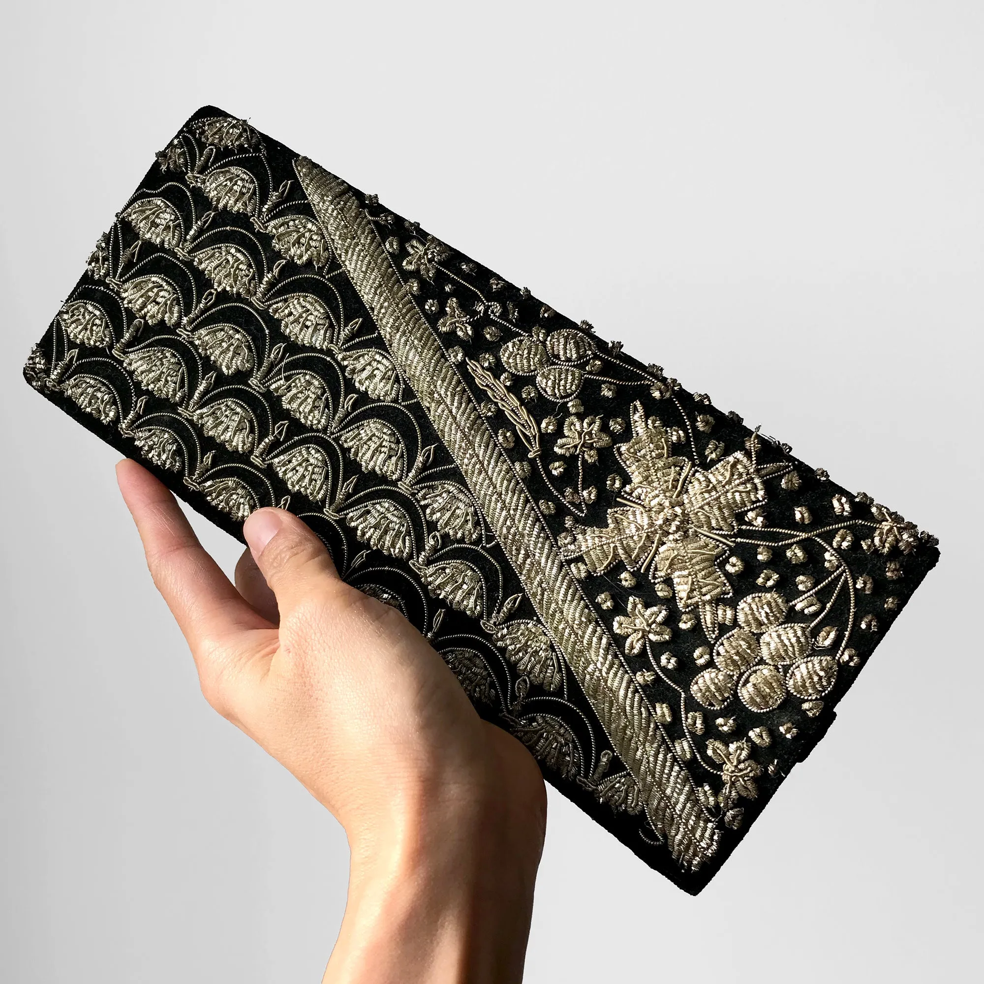 1960s Black Velvet Silk Encrusted Beaded Evening Clutch Purse
