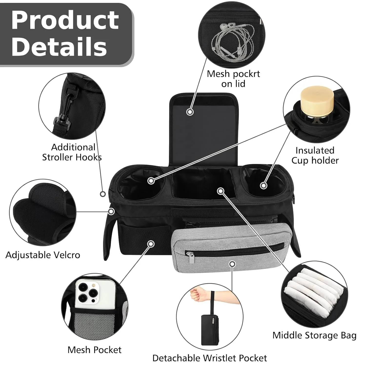 Accmor Universal Stroller Organizer with Insulated Cup Holder Detachable Phone Bag and Shoulder Strap, Stroller Bag Caddy Organizer Accessories Fits for Uppababy, Baby Jogger, Britax Strollers