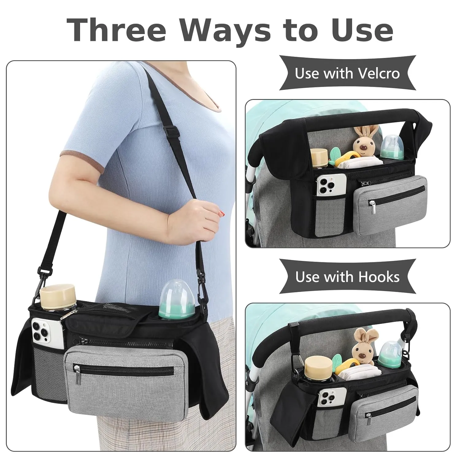 Accmor Universal Stroller Organizer with Insulated Cup Holder Detachable Phone Bag and Shoulder Strap, Stroller Bag Caddy Organizer Accessories Fits for Uppababy, Baby Jogger, Britax Strollers