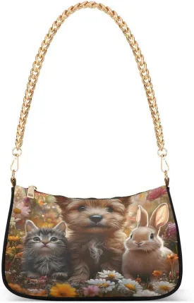 ALAZA Rabbit Bunny Dog Cat Flower Chian Shoulder Bag Handbags Tote Mini Clutch Purse Hobo Bag with Zipper Closure for Women
