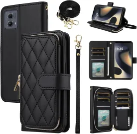 Argyle Wallet Case for Motorola Edge 5G 2024 with Wrist Strap Shoulder Strap, 9  Card Slots Zipper Purse Luxury PU Leather Stand Checkered Cell Phone Cover for Moto Edge2024 Women Girls Black