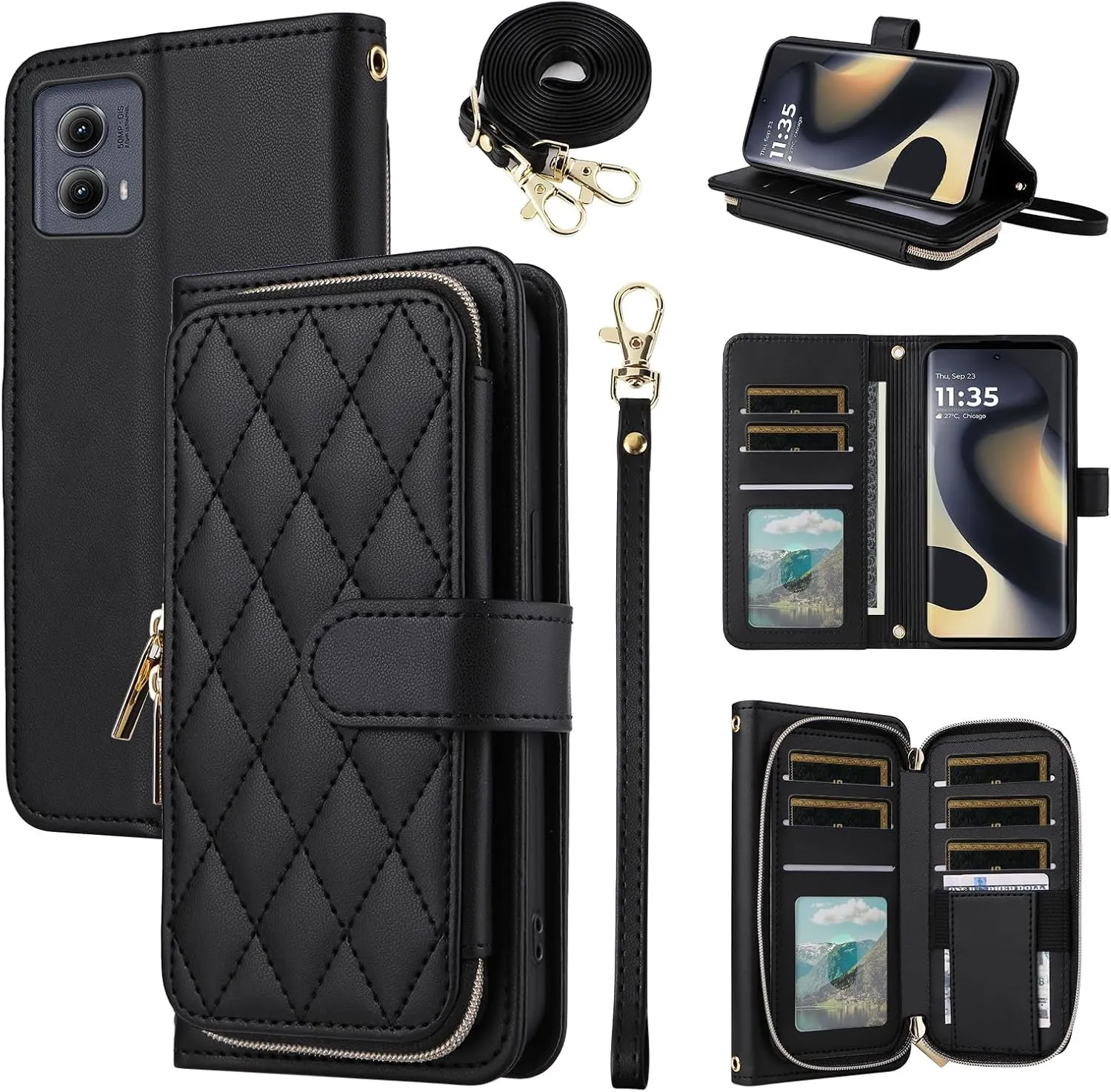 Argyle Wallet Case for Motorola Edge 5G 2024 with Wrist Strap Shoulder Strap, 9  Card Slots Zipper Purse Luxury PU Leather Stand Checkered Cell Phone Cover for Moto Edge2024 Women Girls Black