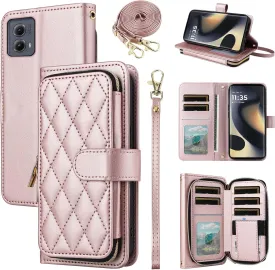 Argyle Wallet Case for Motorola Edge 5G 2024 with Wrist Strap Shoulder Strap, Card Slots Zipper Purse Luxury PU Leather Stand Checkered Cell Phone Cover for Moto Edge2024 Women Girls Rose Gold
