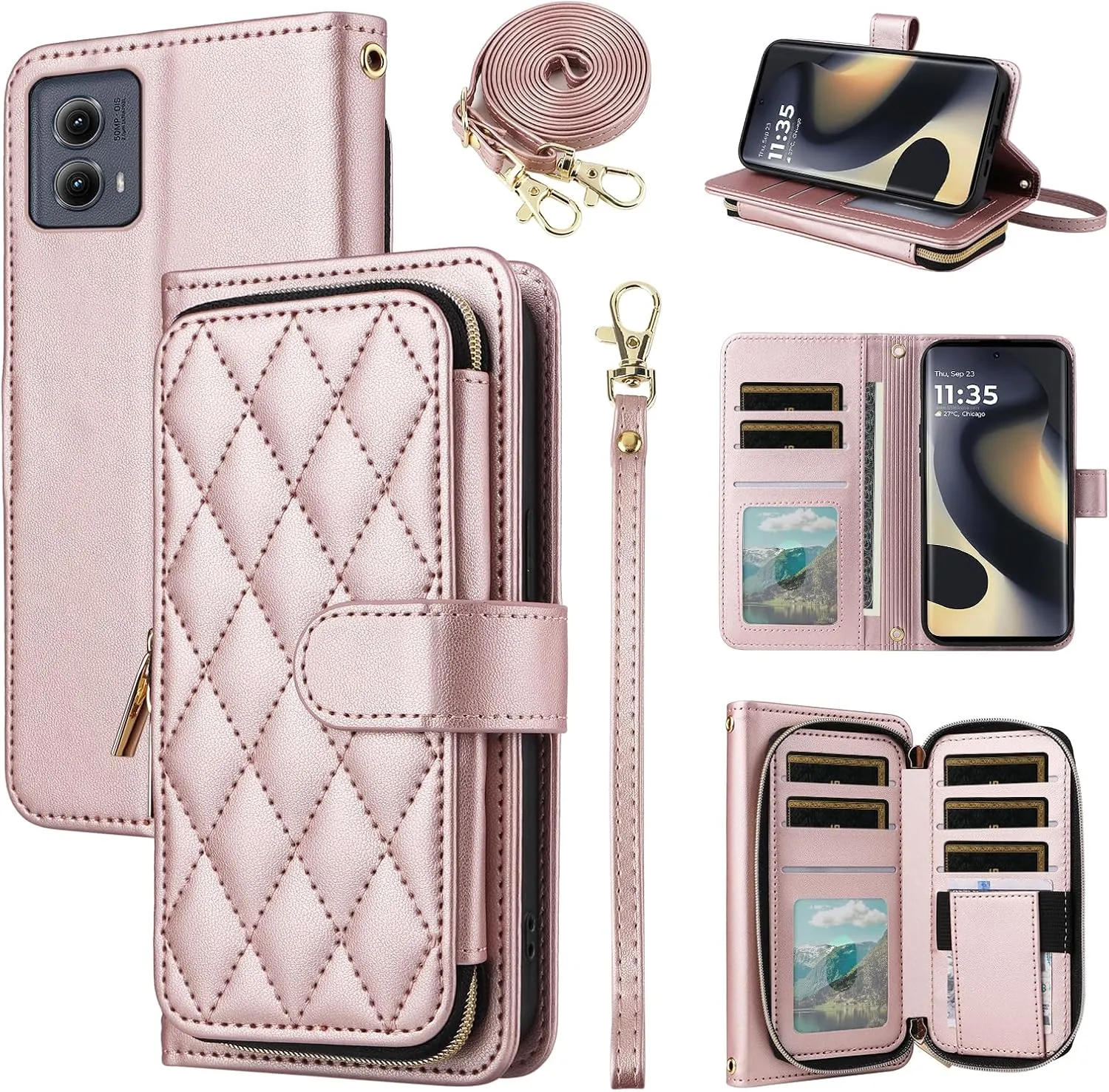 Argyle Wallet Case for Motorola Edge 5G 2024 with Wrist Strap Shoulder Strap, Card Slots Zipper Purse Luxury PU Leather Stand Checkered Cell Phone Cover for Moto Edge2024 Women Girls Rose Gold