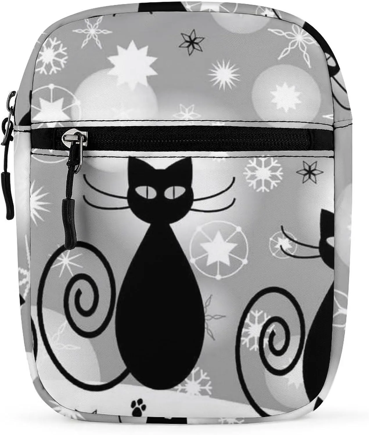 Black Cats Paws Snowflakes White Snow Adjustable Fanny Waist Pack Pouch, Waterproof Crossbody Runners Bag Wallet for Gym Hiking Fitness Women Men 6.1 x 2.2 x 7.9 inch