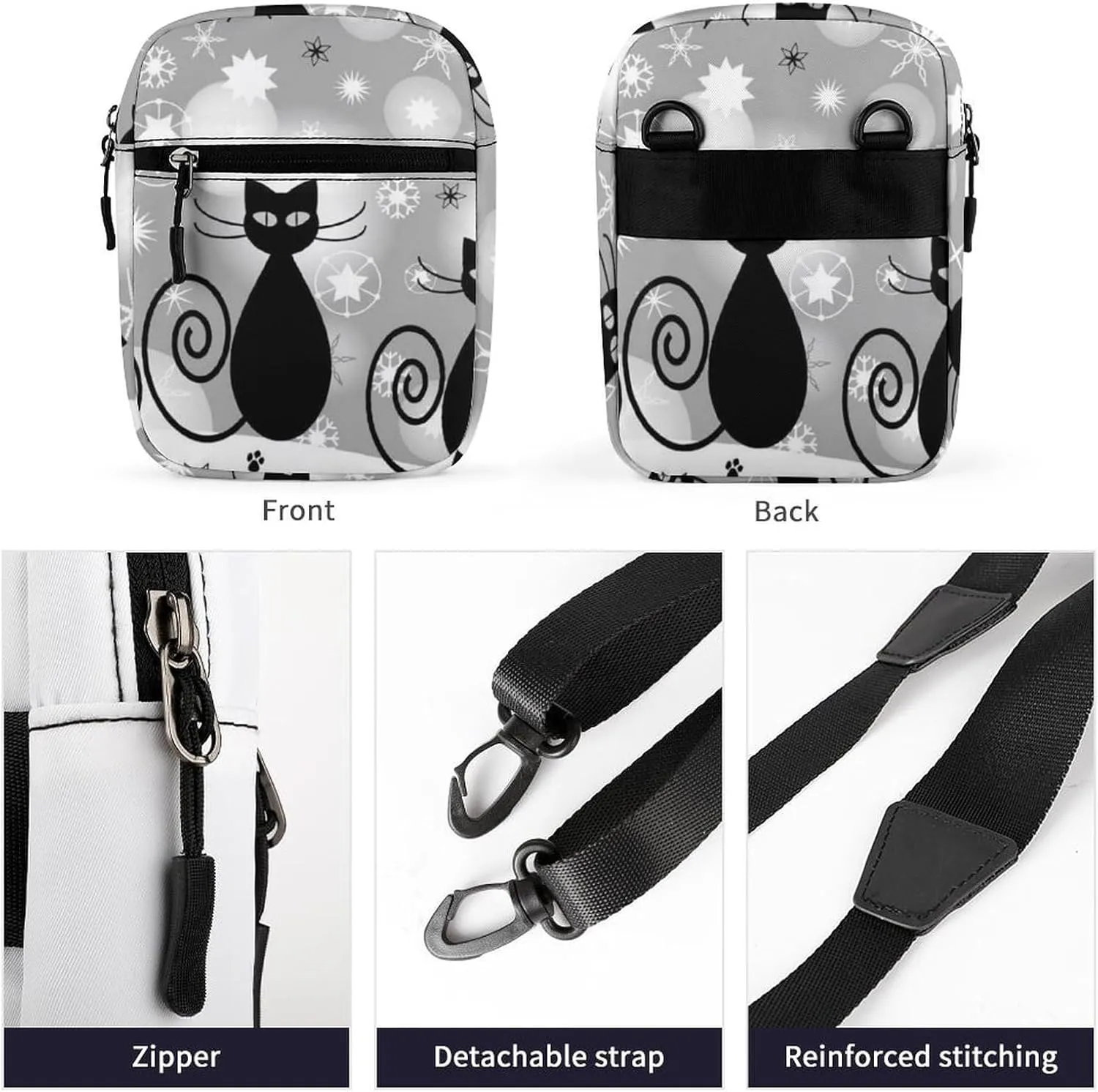 Black Cats Paws Snowflakes White Snow Adjustable Fanny Waist Pack Pouch, Waterproof Crossbody Runners Bag Wallet for Gym Hiking Fitness Women Men 6.1 x 2.2 x 7.9 inch