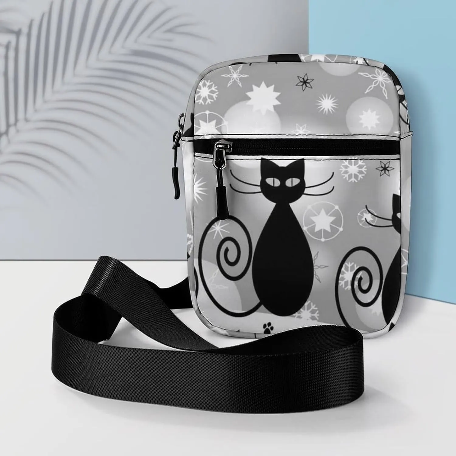 Black Cats Paws Snowflakes White Snow Adjustable Fanny Waist Pack Pouch, Waterproof Crossbody Runners Bag Wallet for Gym Hiking Fitness Women Men 6.1 x 2.2 x 7.9 inch