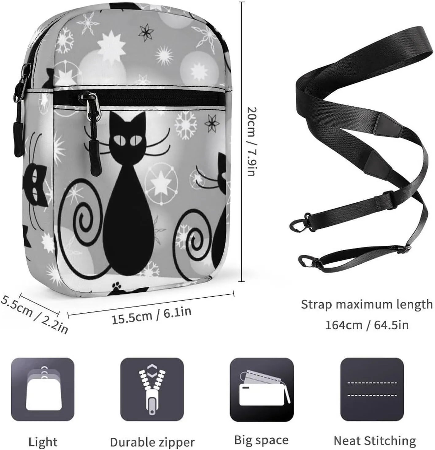 Black Cats Paws Snowflakes White Snow Adjustable Fanny Waist Pack Pouch, Waterproof Crossbody Runners Bag Wallet for Gym Hiking Fitness Women Men 6.1 x 2.2 x 7.9 inch