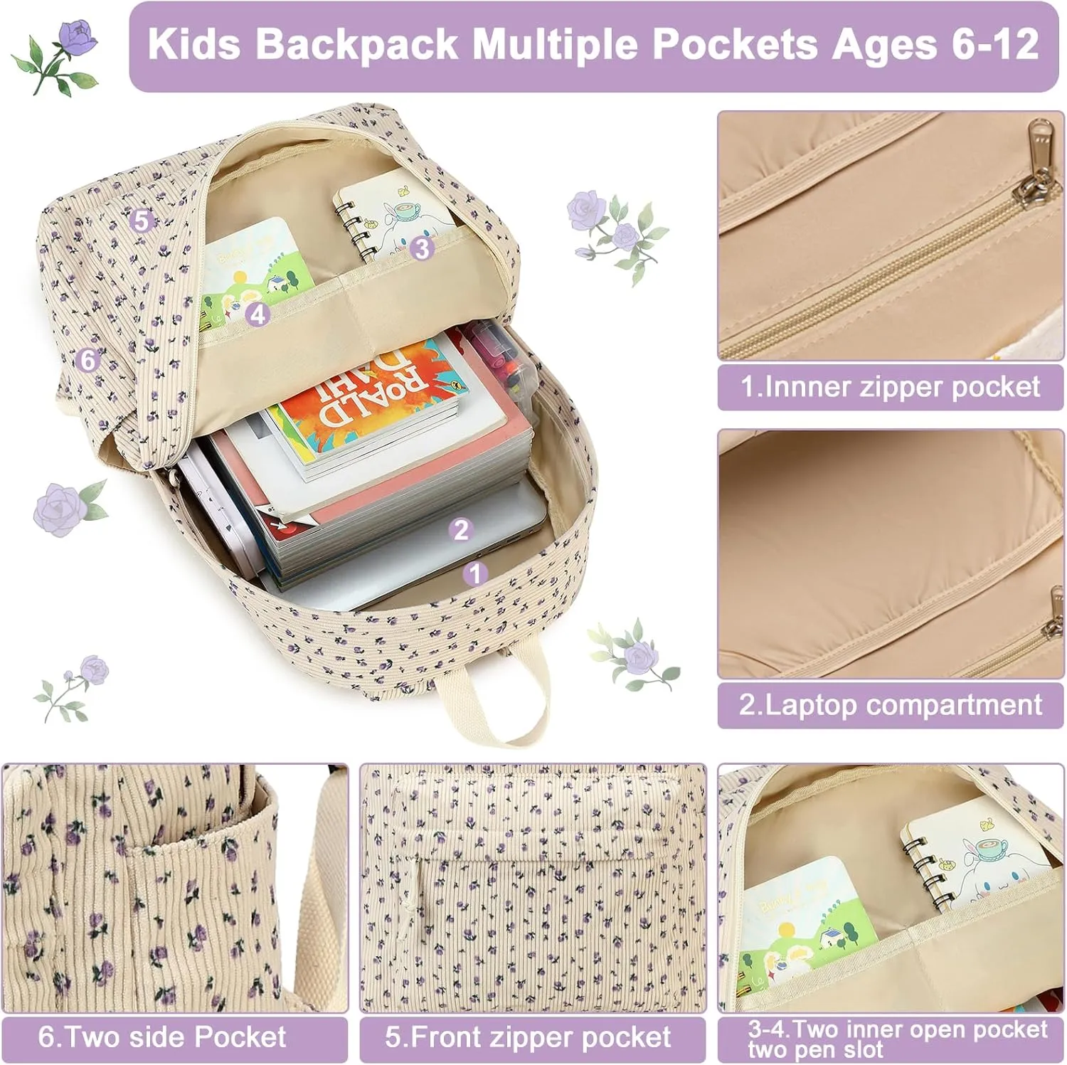 BTOOP School Backpack for Teens Large Corduroy Bookbag Lightweight Girls Boys Casual High School College 17 inch Laptop Travel Bag (B-Purple flower)