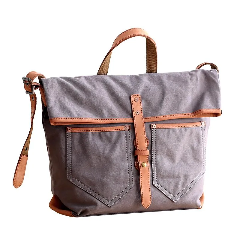 Canvas Leather Mens 13'' Khaki Side Bag Courier Bag Messenger Bag Black Shoulder Bag for Men