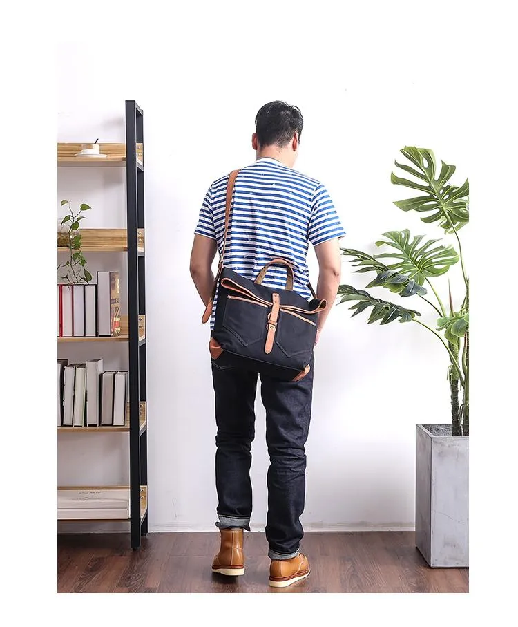Canvas Leather Mens 13'' Khaki Side Bag Courier Bag Messenger Bag Black Shoulder Bag for Men