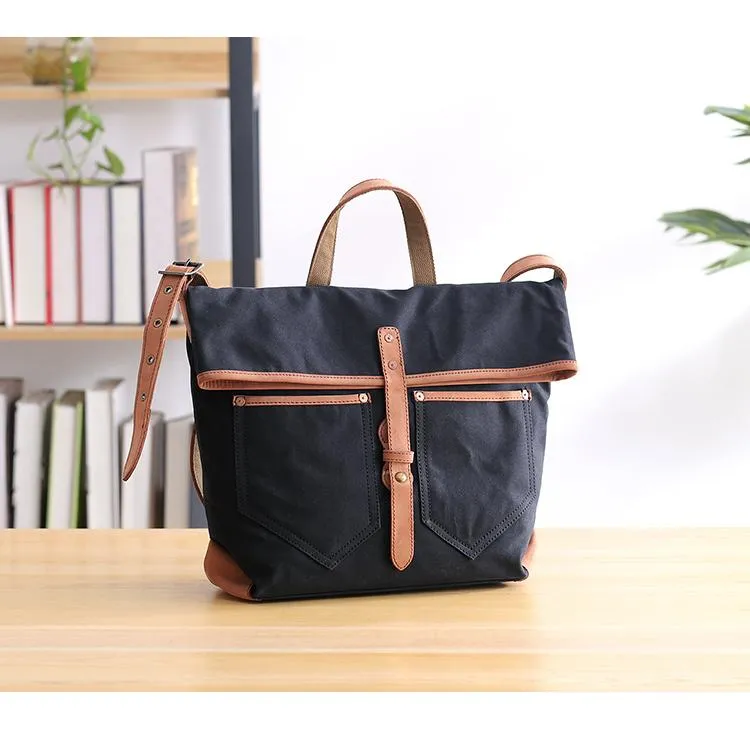 Canvas Leather Mens 13'' Khaki Side Bag Courier Bag Messenger Bag Black Shoulder Bag for Men