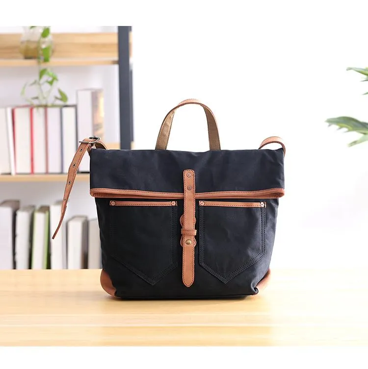 Canvas Leather Mens 13'' Khaki Side Bag Courier Bag Messenger Bag Black Shoulder Bag for Men