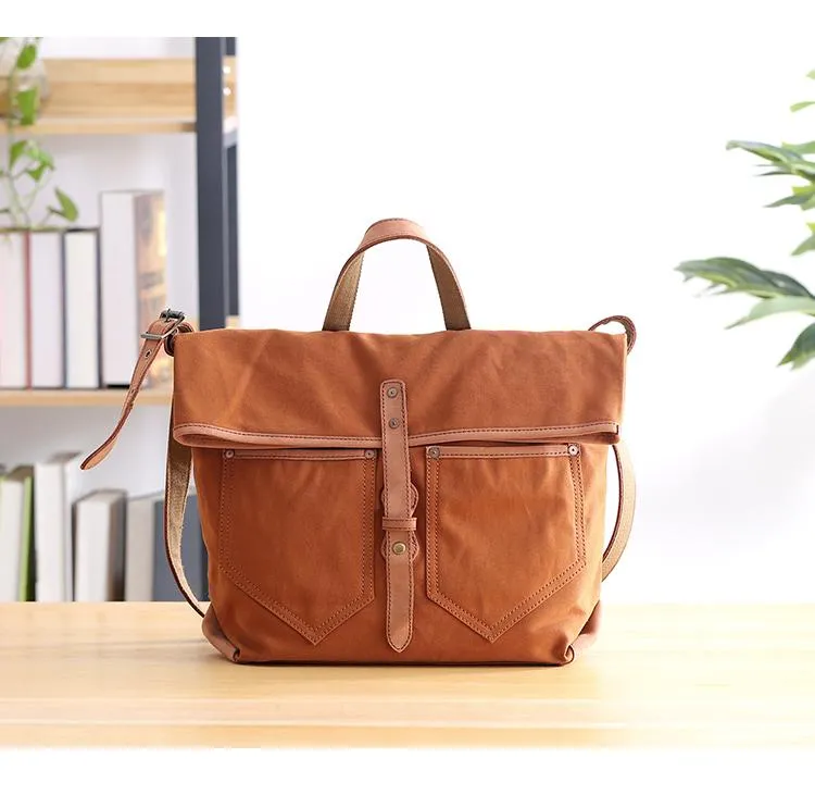 Canvas Leather Mens 13'' Khaki Side Bag Courier Bag Messenger Bag Black Shoulder Bag for Men