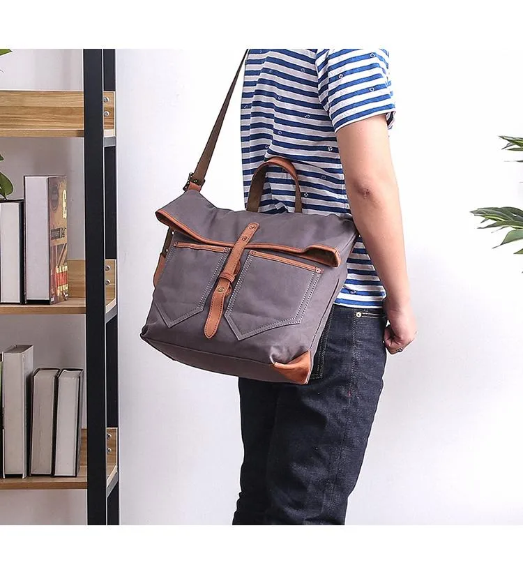 Canvas Leather Mens 13'' Khaki Side Bag Courier Bag Messenger Bag Black Shoulder Bag for Men