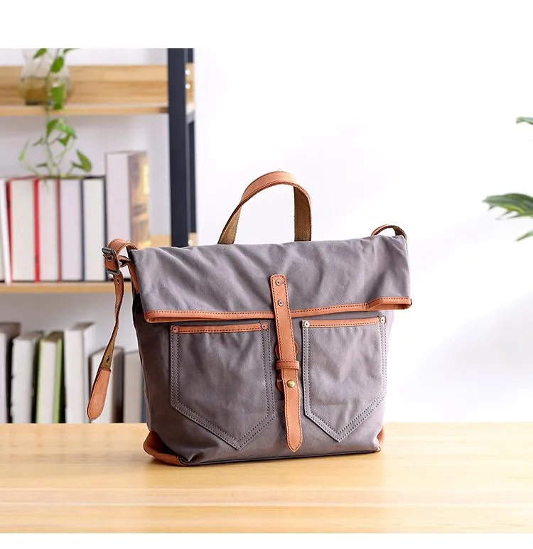 Canvas Leather Mens 13'' Khaki Side Bag Courier Bag Messenger Bag Black Shoulder Bag for Men