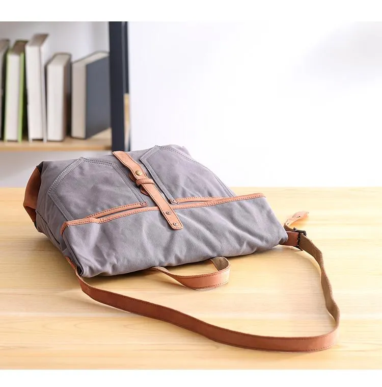 Canvas Leather Mens 13'' Khaki Side Bag Courier Bag Messenger Bag Black Shoulder Bag for Men