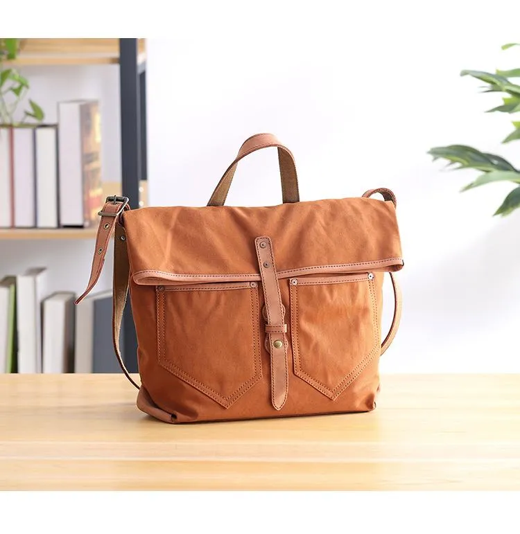 Canvas Leather Mens 13'' Khaki Side Bag Courier Bag Messenger Bag Black Shoulder Bag for Men