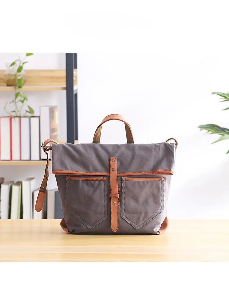 Canvas Leather Mens 13'' Khaki Side Bag Courier Bag Messenger Bag Black Shoulder Bag for Men