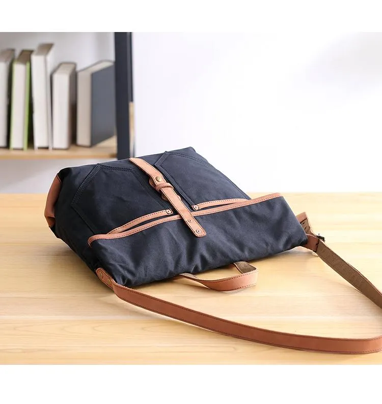 Canvas Leather Mens 13'' Khaki Side Bag Courier Bag Messenger Bag Black Shoulder Bag for Men