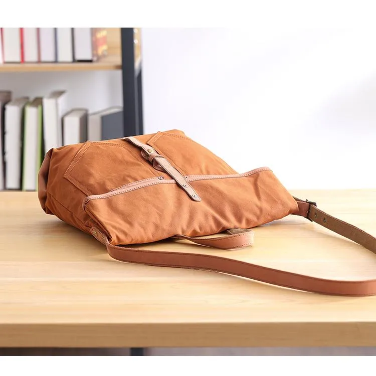 Canvas Leather Mens 13'' Khaki Side Bag Courier Bag Messenger Bag Black Shoulder Bag for Men