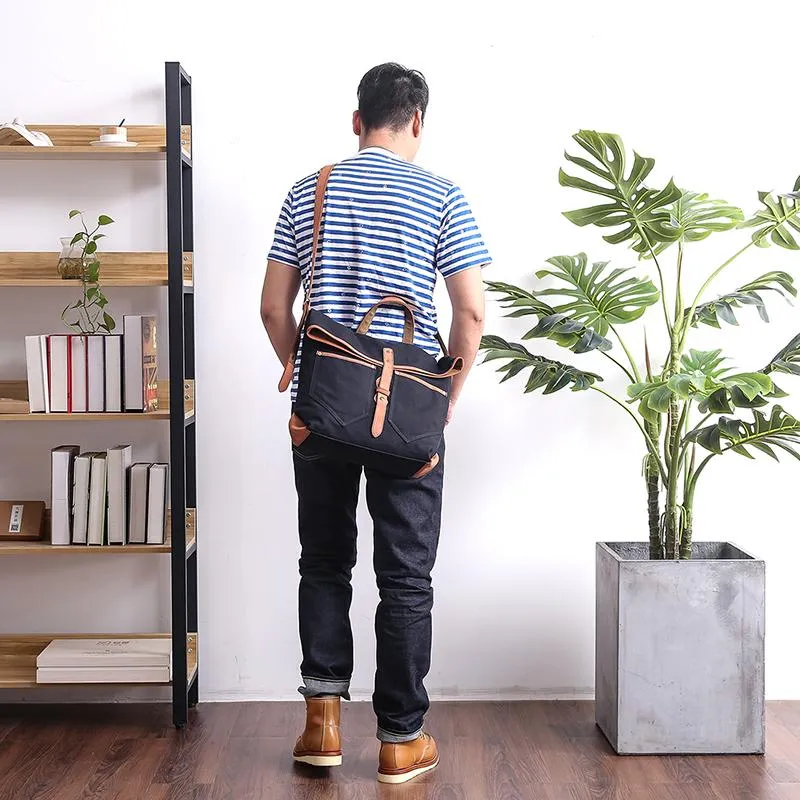 Canvas Leather Mens 13'' Khaki Side Bag Courier Bag Messenger Bag Black Shoulder Bag for Men