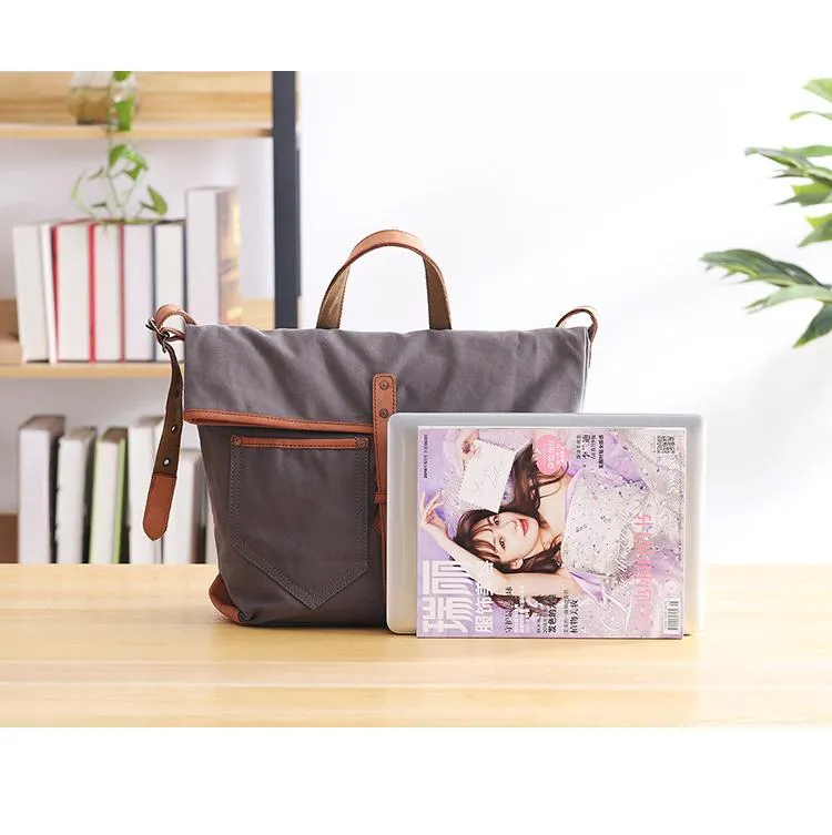 Canvas Leather Mens 13'' Khaki Side Bag Courier Bag Messenger Bag Black Shoulder Bag for Men