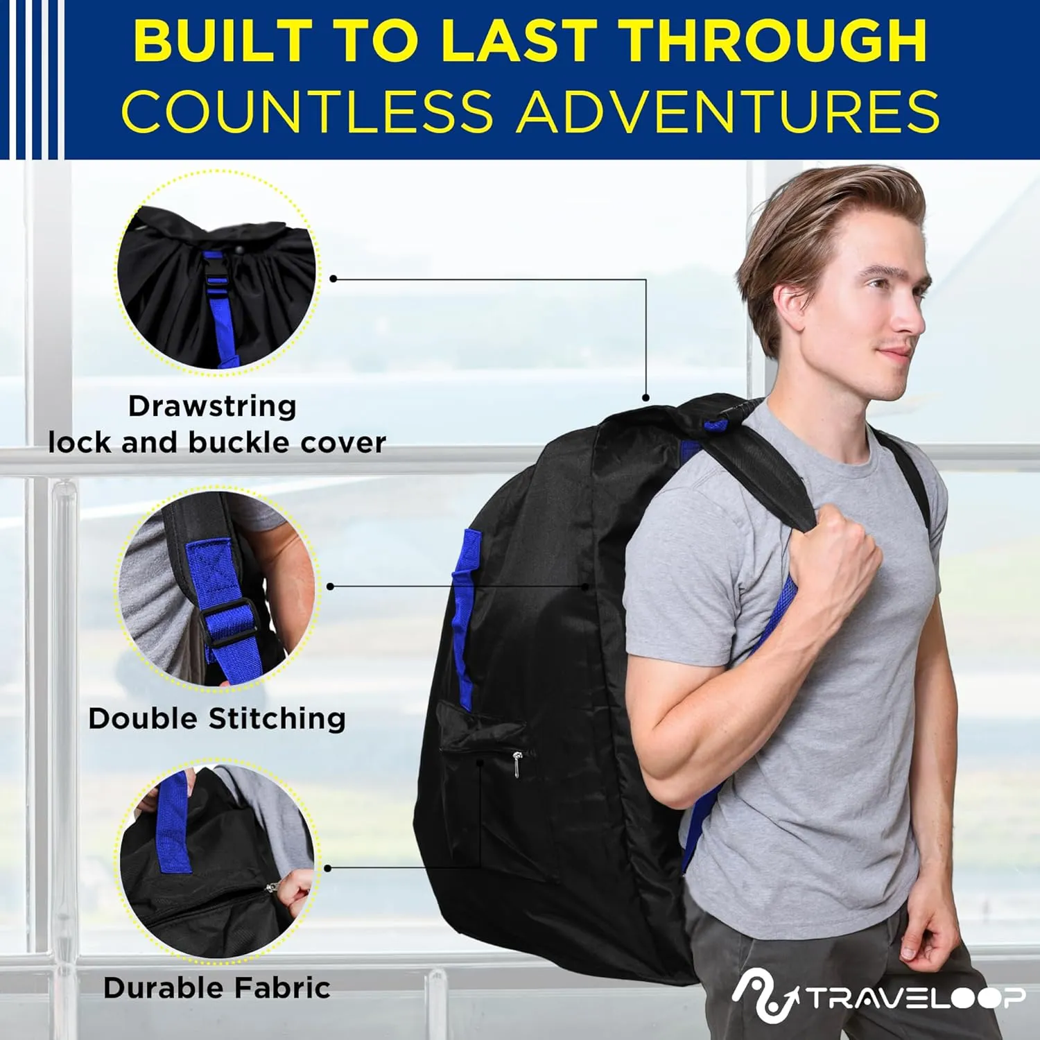 Car Seat Travel Bag for Airplane  Double-Closure Gate Check Bag for Car Seats with Padded Shoulder Straps, Rubberized Carrying Handle & Storage Pouch  18x18x34in (Blue)