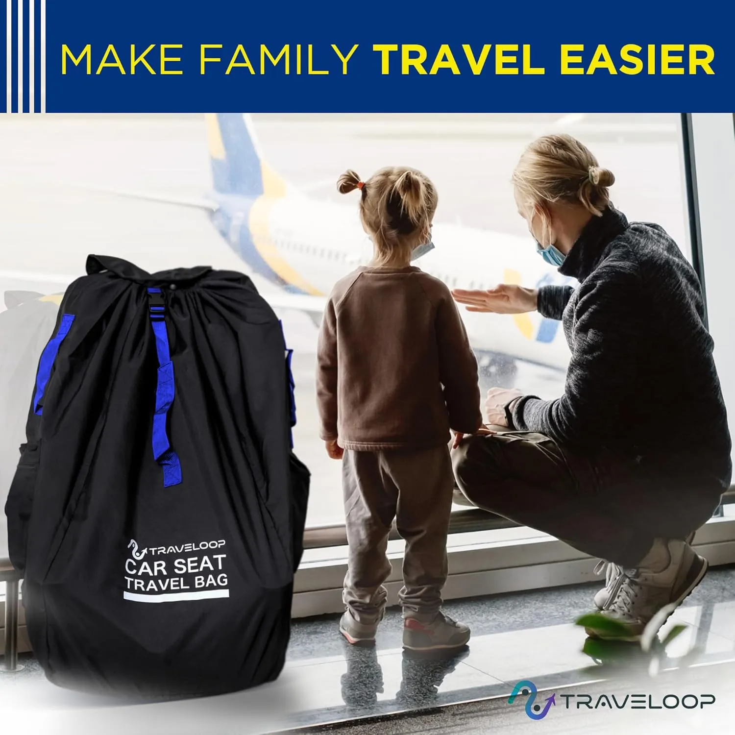 Car Seat Travel Bag for Airplane  Double-Closure Gate Check Bag for Car Seats with Padded Shoulder Straps, Rubberized Carrying Handle & Storage Pouch  18x18x34in (Blue)