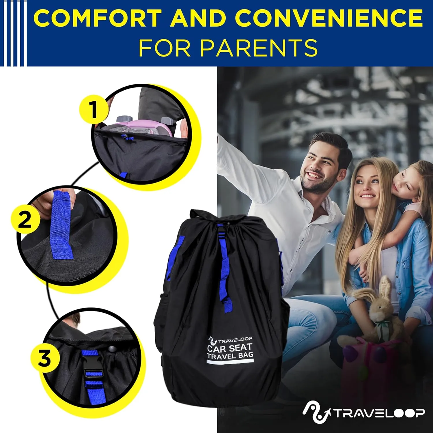 Car Seat Travel Bag for Airplane  Double-Closure Gate Check Bag for Car Seats with Padded Shoulder Straps, Rubberized Carrying Handle & Storage Pouch  18x18x34in (Blue)