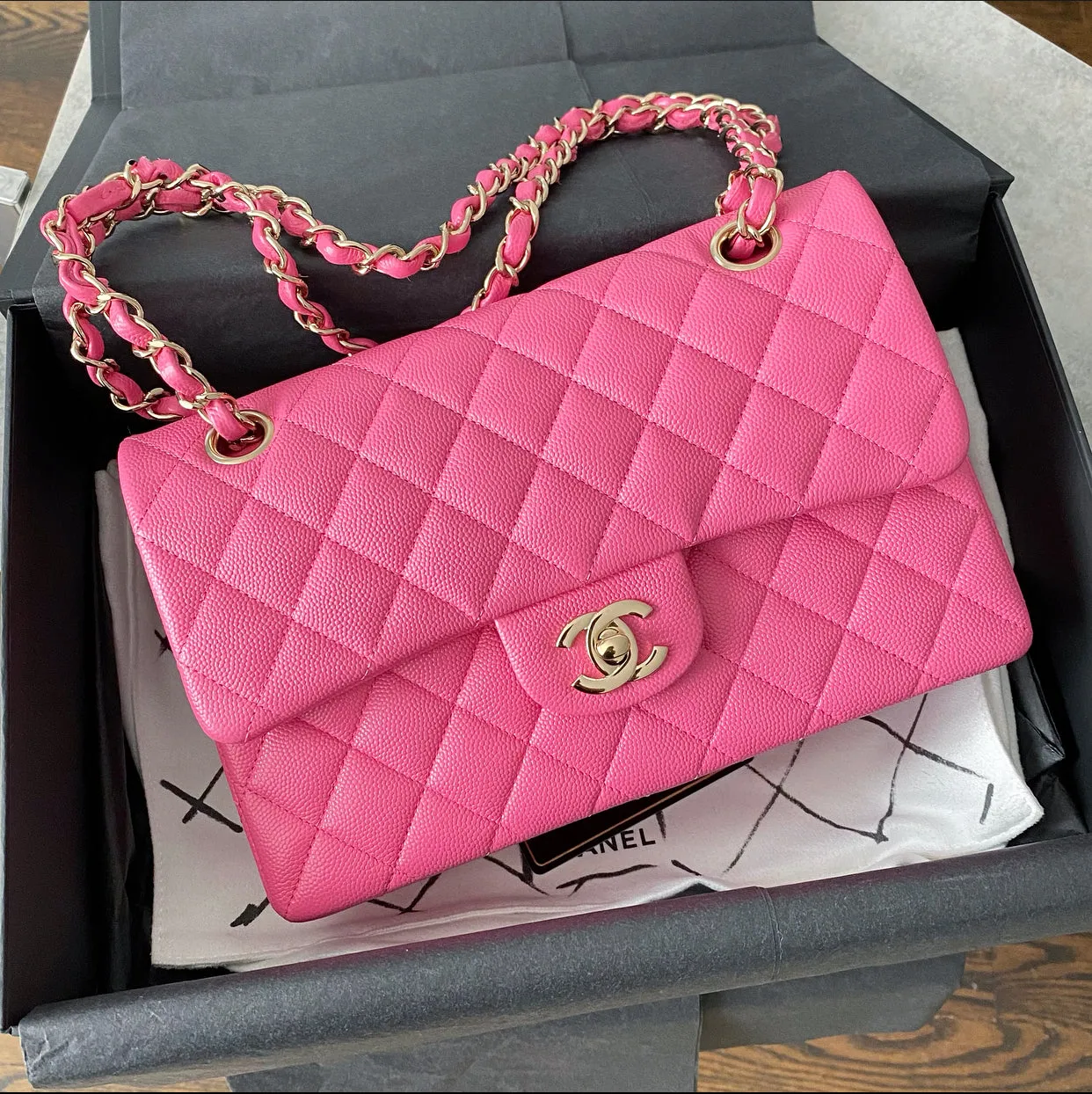Chanel 2021 Small Pink Caviar Double Classic Flap Bag GHW