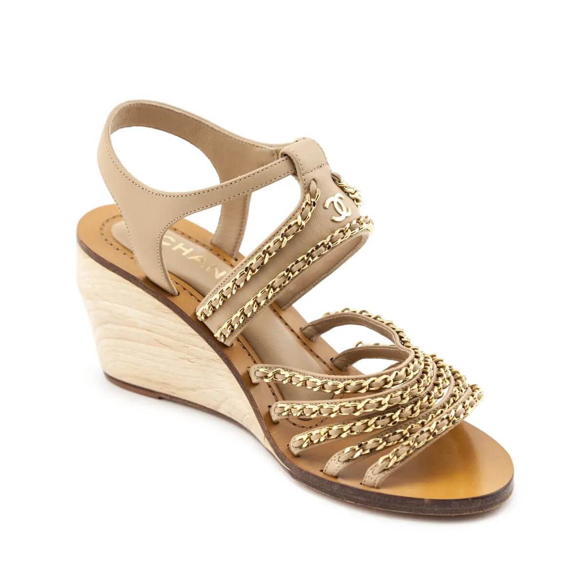 Chanel Tan Chain Accent CC Wedge Sandals Size US 7  | EU 37