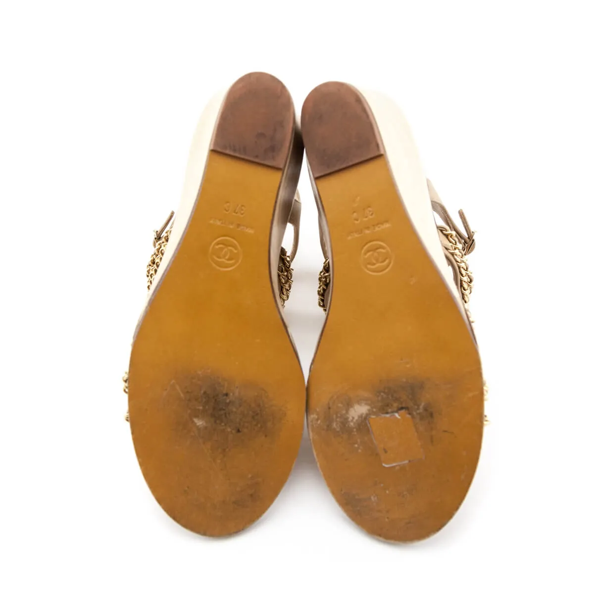 Chanel Tan Chain Accent CC Wedge Sandals Size US 7  | EU 37