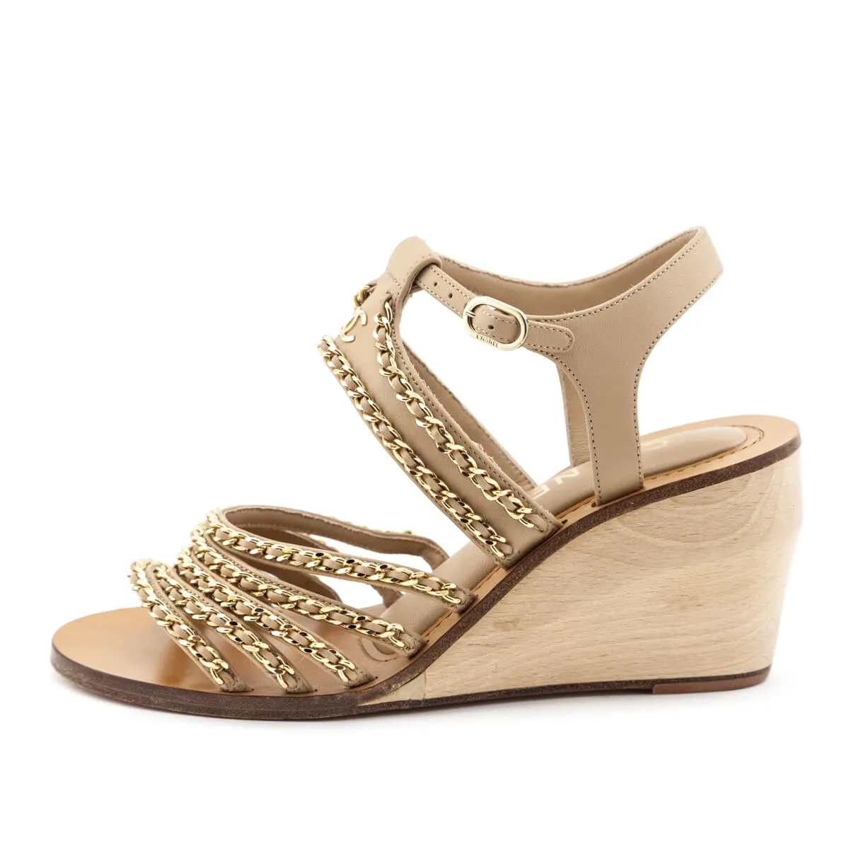 Chanel Tan Chain Accent CC Wedge Sandals Size US 7  | EU 37