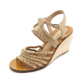 Chanel Tan Chain Accent CC Wedge Sandals Size US 7  | EU 37