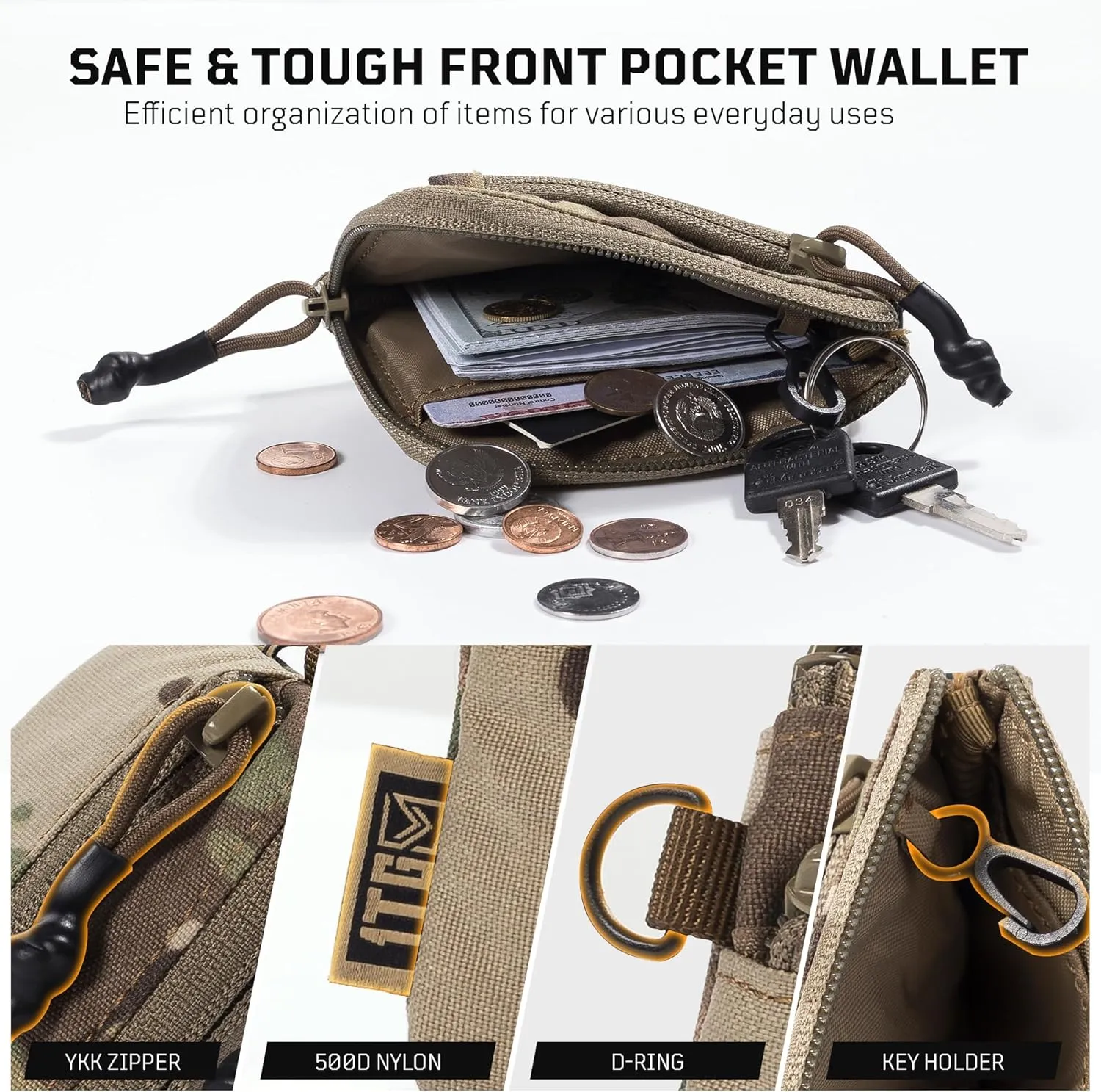 Coin Purse, 500D NYLON Small Coin Pouch for Men, Slim Wallet Minimalist Money Pouch Change Bag Tactical ID Card Holder with YKK Zipper, Father's Day Gifts for Dad