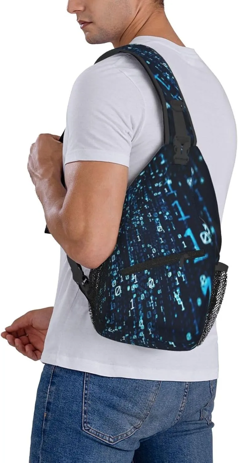 Crossbody Sling Bag for Men Women, Data Binary Code Flying Sling Backpack Shoulder Chest Bag, Anti Theft Travel Hiking Daypacks
