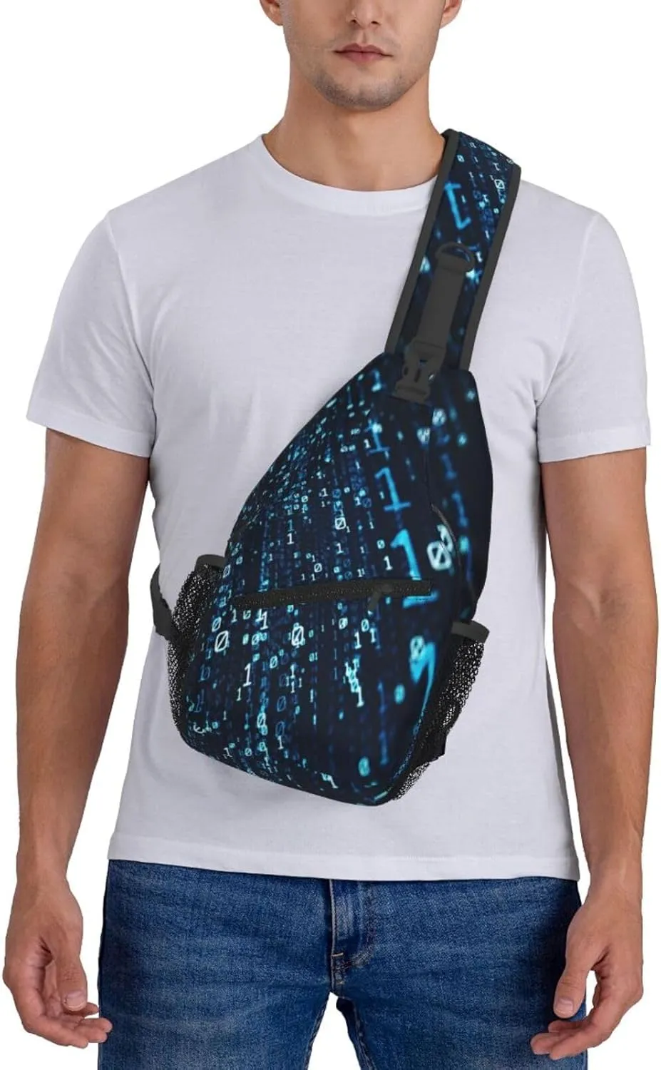 Crossbody Sling Bag for Men Women, Data Binary Code Flying Sling Backpack Shoulder Chest Bag, Anti Theft Travel Hiking Daypacks