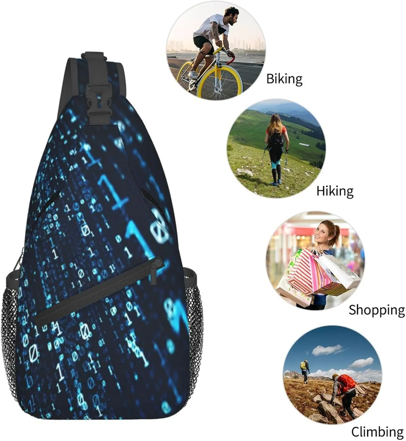 Crossbody Sling Bag for Men Women, Data Binary Code Flying Sling Backpack Shoulder Chest Bag, Anti Theft Travel Hiking Daypacks
