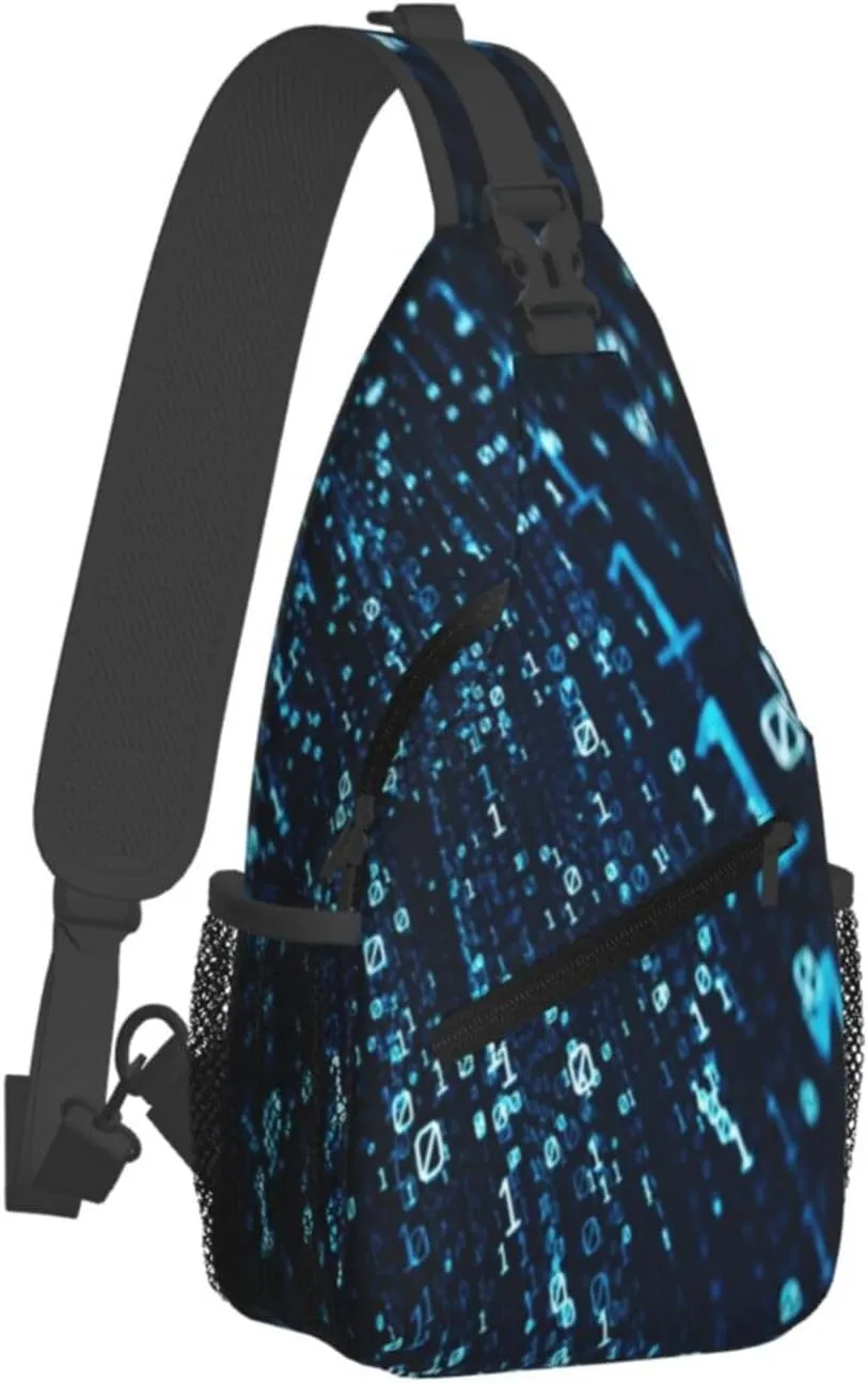 Crossbody Sling Bag for Men Women, Data Binary Code Flying Sling Backpack Shoulder Chest Bag, Anti Theft Travel Hiking Daypacks