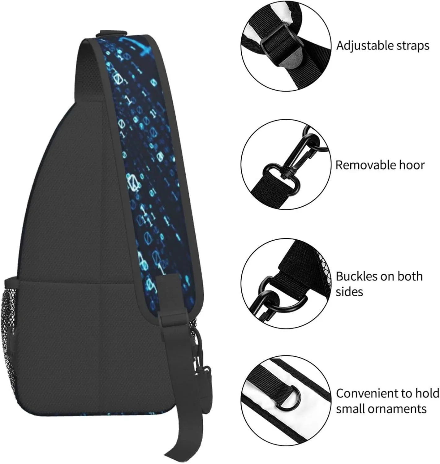 Crossbody Sling Bag for Men Women, Data Binary Code Flying Sling Backpack Shoulder Chest Bag, Anti Theft Travel Hiking Daypacks