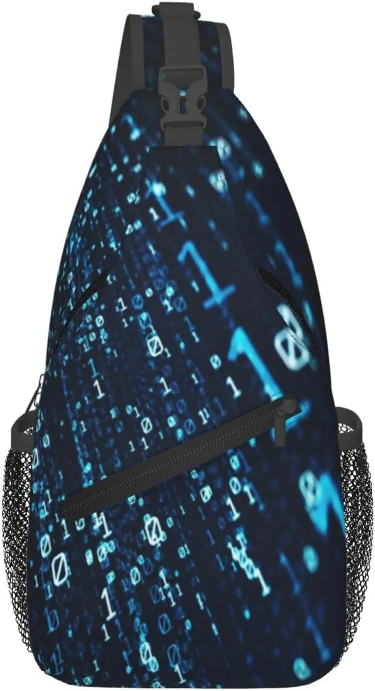 Crossbody Sling Bag for Men Women, Data Binary Code Flying Sling Backpack Shoulder Chest Bag, Anti Theft Travel Hiking Daypacks