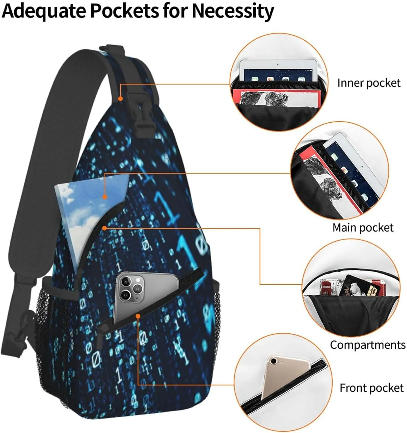 Crossbody Sling Bag for Men Women, Data Binary Code Flying Sling Backpack Shoulder Chest Bag, Anti Theft Travel Hiking Daypacks