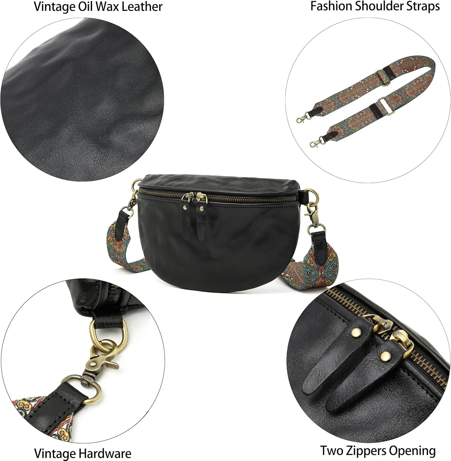 DORIS&JACKY Leather Crossbody Bag For Women Cute Chest Shoulder Purse With Wide Pattern Strap