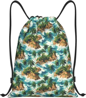 Drawstring Backpack - Tropical Hawaiian Island Print Small Drawstring Gym Bag for Women Men, Sports Cinch String Bag Backpack for Travel Swimming Beach