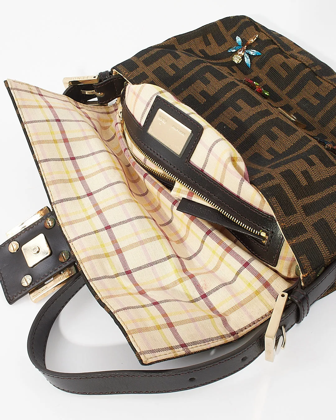 Fendi Tobacco Zucca Print Canvas Crystal Embellished Baguette Shoulder Bag
