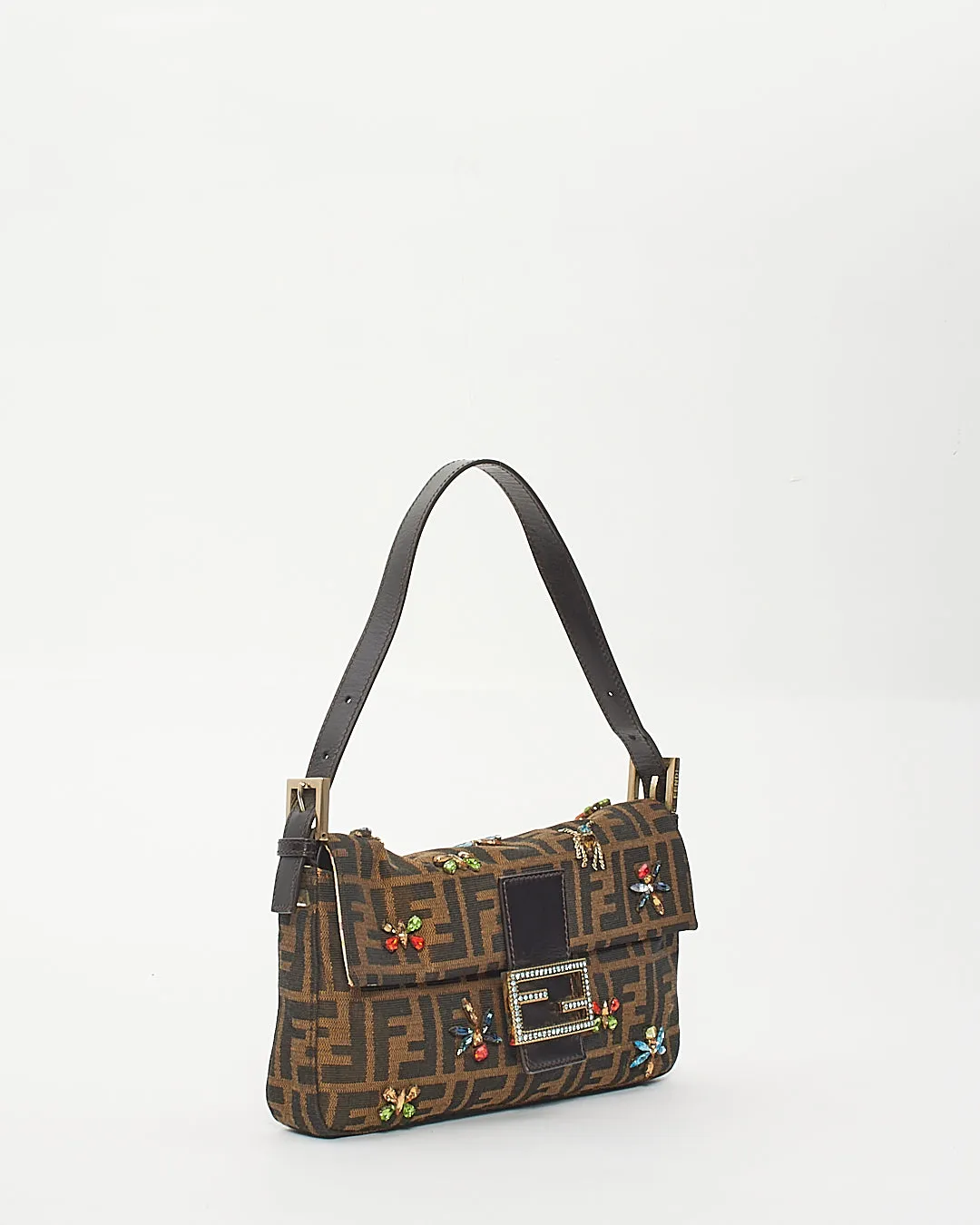 Fendi Tobacco Zucca Print Canvas Crystal Embellished Baguette Shoulder Bag