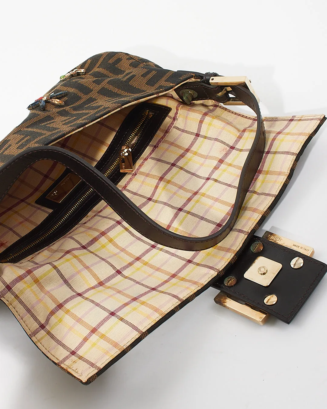 Fendi Tobacco Zucca Print Canvas Crystal Embellished Baguette Shoulder Bag